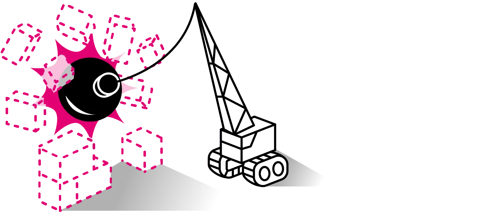 Illustration of a wrecking ball knocking down the invisible wall.